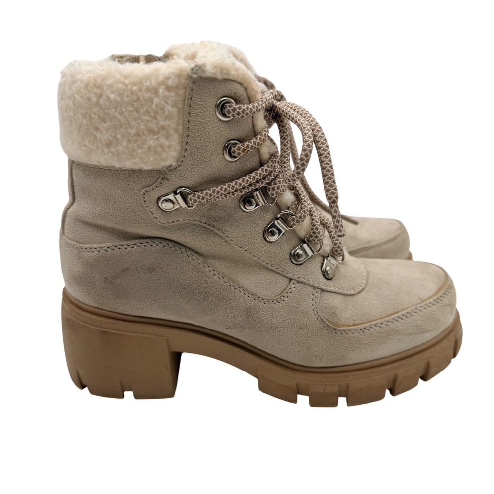 Soda Boots Faux Fur Trim Lug Sole Hiker Women's 6.5 Tan Combat Boot Outdoor